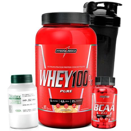 Kit Massa Magra Muscular - Super Whey Protein 900g + Bcaa 90caps + Dilatex Vasodilatador + Shaker - Integralmedica Menor preço em Kit Massa Magra Muscular - Super Whey Protein 900g + Bcaa 90caps + Dilatex Vasodilatador + Shaker - Integralmedica
