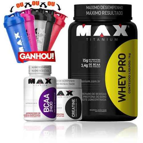 Kit Massa Magra Whey Protein + Bcaa + Creatina + Coq - Max titanium Menor preço em Kit Massa Magra Whey Protein + Bcaa + Creatina + Coq - Max titanium