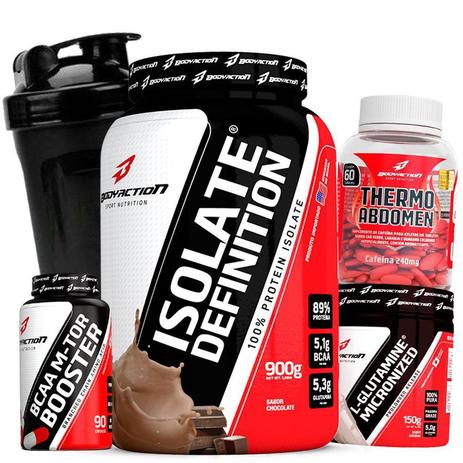 Kit Massa Magra - Whey Protein Isolado 900g + Bcaa + Glutamina + Termogenico Thermo Abdomen + Shaker - Body action Menor preço em Kit Massa Magra - Whey Protein Isolado 900g + Bcaa + Glutamina + Termogenico Thermo Abdomen + Shaker - Body action