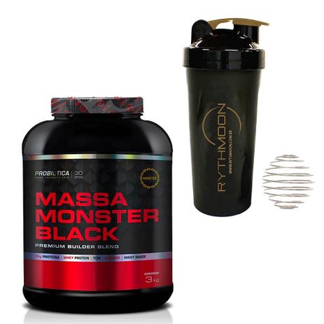 Menor preço em Kit Massa Monster Black 3kg Morango + Coqueteleira 600ml com Mola - Rythmoon