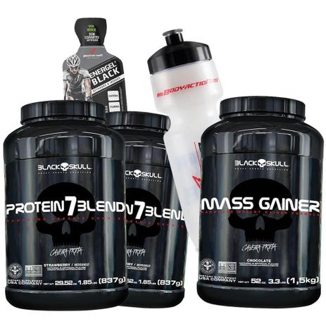 Kit Massa Muscular - 2x Whey 7 Blend + Mass gainer hipercalorico + Garrafinha - Black Skull Menor preço em Kit Massa Muscular - 2x Whey 7 Blend + Mass gainer hipercalorico + Garrafinha - Black Skull