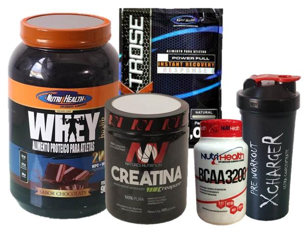 Kit Massa Muscular e Força -  Whey protein 900g + dextrose 1 kg + creatina creapure 150g + bcaa 120 caps + coqueteleira - Nutrihealth suplementos é boa?