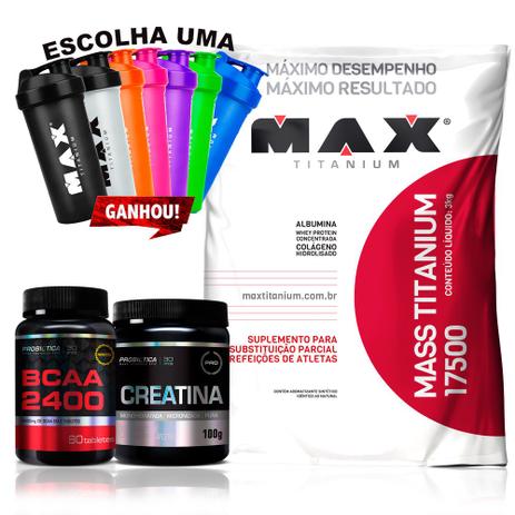 Kit Massa Muscular Hipercalórico Bcaa Creatina + coqueteleira - Max tianium Menor preço em Kit Massa Muscular Hipercalórico Bcaa Creatina + coqueteleira - Max tianium
