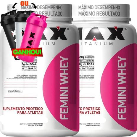 Kit Massa Muscular Mulher 2x Femini Whey - Max Titanium Menor preço em Kit Massa Muscular Mulher 2x Femini Whey - Max Titanium