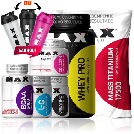 Kit Max Mass Titanium Whey Pro Creatina Gluta Bcaa Colagen - Max titanium Menor preço em Kit Max Mass Titanium Whey Pro Creatina Gluta Bcaa Colagen - Max titanium