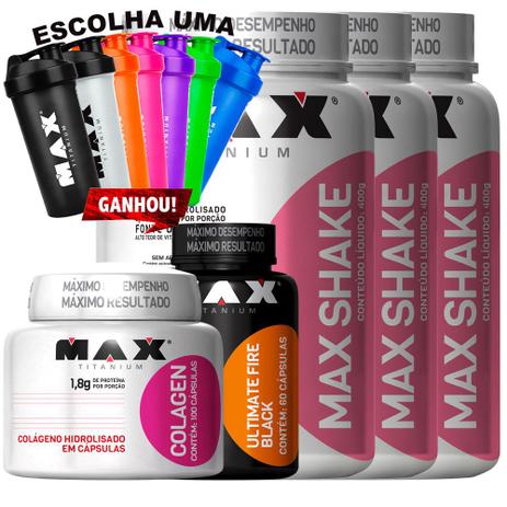 Kit Max Shake 400g + Fire Black + Colagen - Max Titanium Menor preço em Kit Max Shake 400g + Fire Black + Colagen - Max Titanium