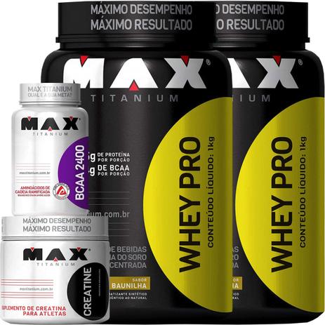 Kit max titanium com 2x whey pro(1kg) chocolate + bcaa(60caps) + creatina(150g) Menor preço em Kit max titanium com 2x whey pro(1kg) chocolate + bcaa(60caps) + creatina(150g)