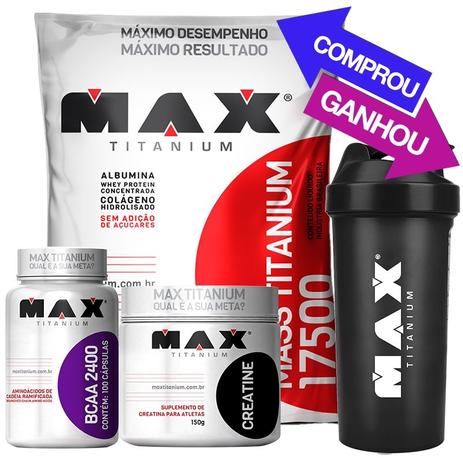 Kit max titanium com mass 17500 3kg + creatina 150g + bcaa 2400 100 caps + brinde Menor preço em Kit max titanium com mass 17500 3kg + creatina 150g + bcaa 2400 100 caps + brinde