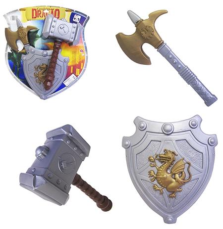 Kit medieval com martelo + escudo e machado cavaleiro dragao na cartela - Pica pau Menor preço em Kit medieval com martelo + escudo e machado cavaleiro dragao na cartela - Pica pau