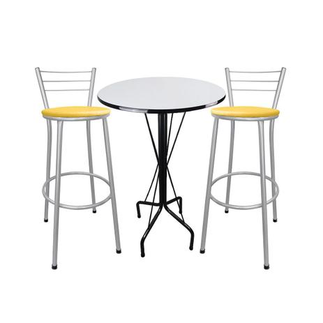 Kit Mesa Bistrô Preto Tampo Branco 2 Banquetas Cinza Assento Amarelo - Za moveis Menor preço em Kit Mesa Bistrô Preto Tampo Branco 2 Banquetas Cinza Assento Amarelo - Za moveis