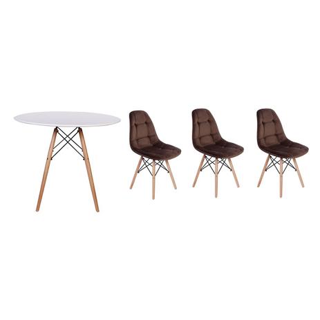 Kit Mesa Jantar Eiffel 80cm Branca + 03 Cadeiras Botonê Veludo - Marrom - Magazine decor Menor preço em Kit Mesa Jantar Eiffel 80cm Branca + 03 Cadeiras Botonê Veludo - Marrom - Magazine decor