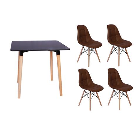 Kit Mesa Jantar Eiffel 80x80 Preta + 04 Cadeiras Charles Eames Botonê - Marrom - Magazine decor Menor preço em Kit Mesa Jantar Eiffel 80x80 Preta + 04 Cadeiras Charles Eames Botonê - Marrom - Magazine decor