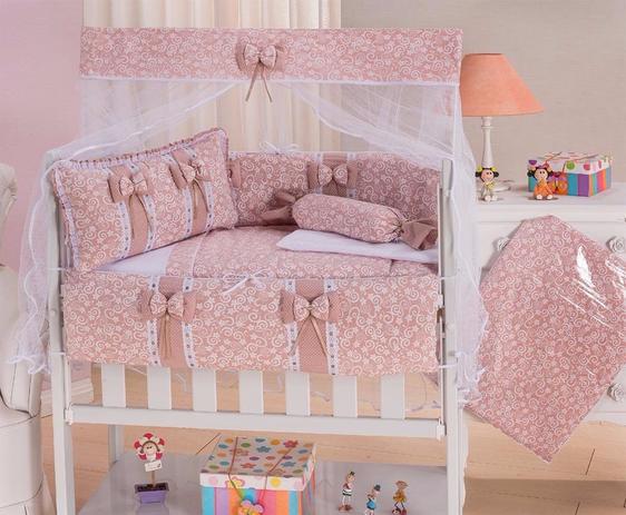 Kit Mini Berço 10 Peças - Doce Encanto Salmão - Mariana baby confecções Menor preço em Kit Mini Berço 10 Peças - Doce Encanto Salmão - Mariana baby confecções