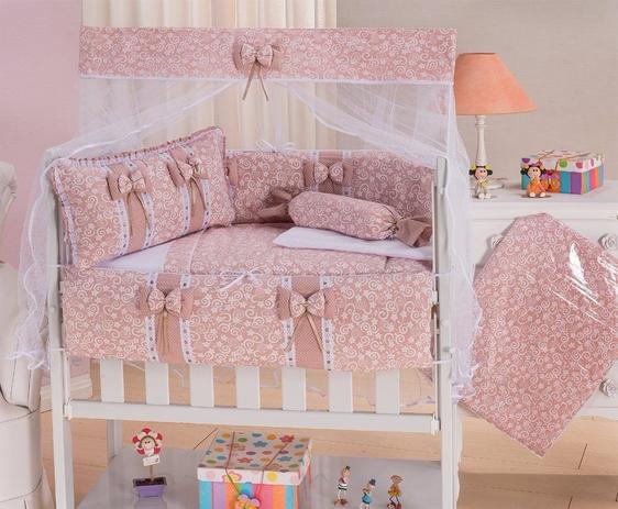 Kit Mini Berço 11 Peças Com Saia- Doce Encanto Salmão - Mariana baby confecções Menor preço em Kit Mini Berço 11 Peças Com Saia- Doce Encanto Salmão - Mariana baby confecções