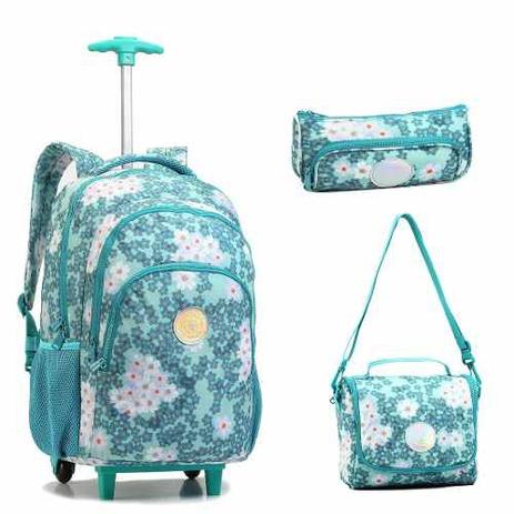 Kit Mochila Feminina com Rodinhas Seanite Lancheira e Estojo Florida Verde Menor preço em Kit Mochila Feminina com Rodinhas Seanite Lancheira e Estojo Florida Verde