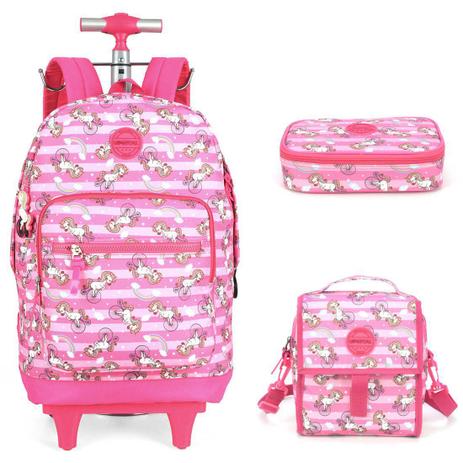 Kit mochila unicórnio rodinhas lancheira e estojo Clearance