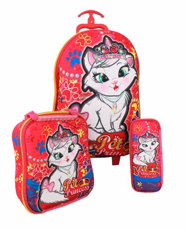 Kit Mochila Rodinha + Lancheira + Estojo Pet Princess Gata - Vozz Menor preço em Kit Mochila Rodinha + Lancheira + Estojo Pet Princess Gata - Vozz