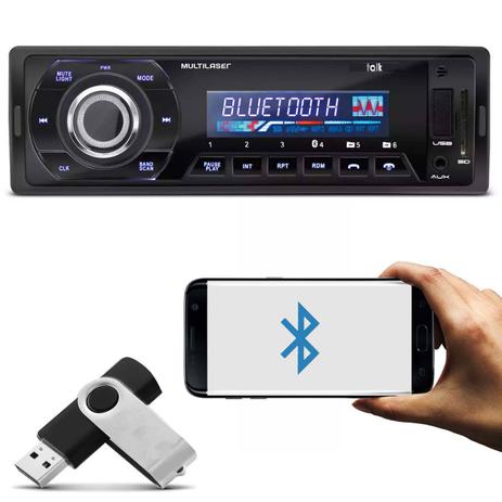Kit MP3 Player Multilaser Talk P3214 1 Din Bluetooth USB SD Auxiliar P2 MP3 WMA FM + Pen Drive 8GB Menor preço em Kit MP3 Player Multilaser Talk P3214 1 Din Bluetooth USB SD Auxiliar P2 MP3 WMA FM + Pen Drive 8GB