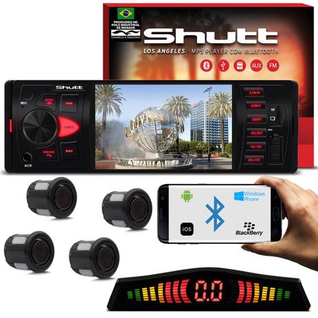 Kit MP5 Player Shutt Los Angeles 1 Din 4 Pol Bluetooth USB MP3 MP4 FM + Sensor de Ré 4 Pontos Preto Menor preço em Kit MP5 Player Shutt Los Angeles 1 Din 4 Pol Bluetooth USB MP3 MP4 FM + Sensor de Ré 4 Pontos Preto