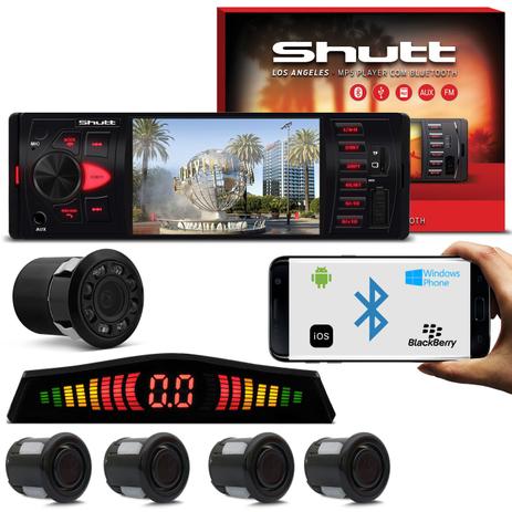 Kit MP5 Player Shutt Los Angeles 1 Din 4 Pol Bluetooth USB MP3 + Sensor Preto e Câmera Ré 8 Leds Menor preço em Kit MP5 Player Shutt Los Angeles 1 Din 4 Pol Bluetooth USB MP3 + Sensor Preto e Câmera Ré 8 Leds