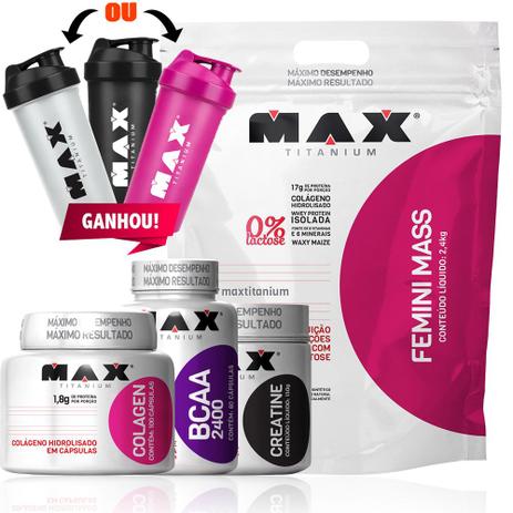 Kit Mulher Femini Mass + Creatina Bcaa Colagen Max Titanium Menor preço em Kit Mulher Femini Mass + Creatina Bcaa Colagen Max Titanium