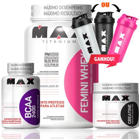 Kit Mulher Femini Whey 600 + Creatina 100 + Bcaa 60 + Coq - Max titanium Menor preço em Kit Mulher Femini Whey 600 + Creatina 100 + Bcaa 60 + Coq - Max titanium