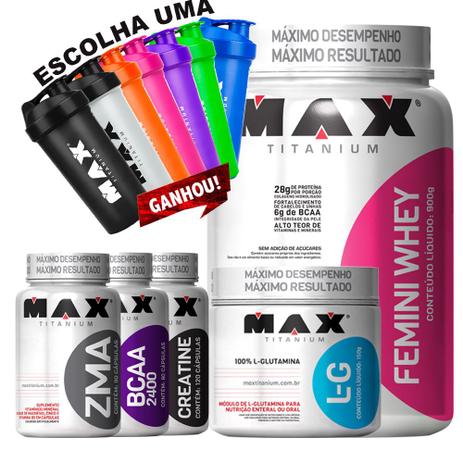 Kit Mulher Femini Whey + Colagen + Glutamina + Bcaa + Zma - Max titanium Menor preço em Kit Mulher Femini Whey + Colagen + Glutamina + Bcaa + Zma - Max titanium