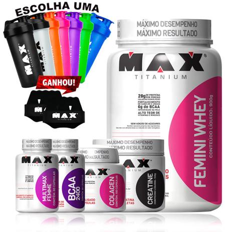 Kit Mulher - Femini Whey + Colageno + Bcaa - Max Titanium - Max tianium Menor preço em Kit Mulher - Femini Whey + Colageno + Bcaa - Max Titanium - Max tianium