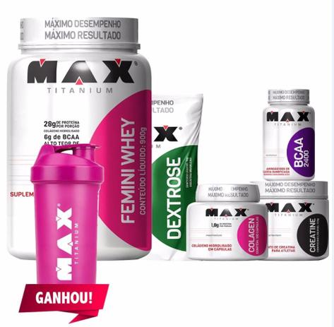Kit Mulher - Femini Whey + Colageno + Bcaa - Max Titanium Menor preço em Kit Mulher - Femini Whey + Colageno + Bcaa - Max Titanium