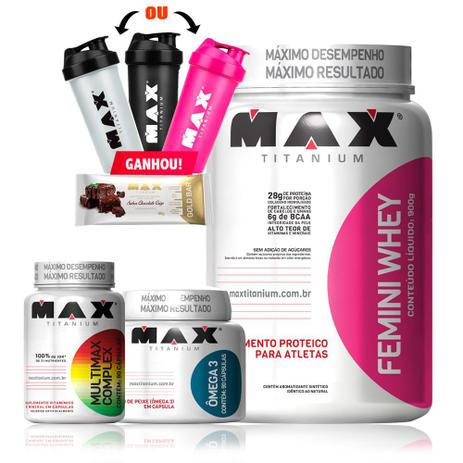 Kit Mulher Whey + Omega 3 90 cáps + Multimax Complex 90 cáps - Max tianium Menor preço em Kit Mulher Whey + Omega 3 90 cáps + Multimax Complex 90 cáps - Max tianium