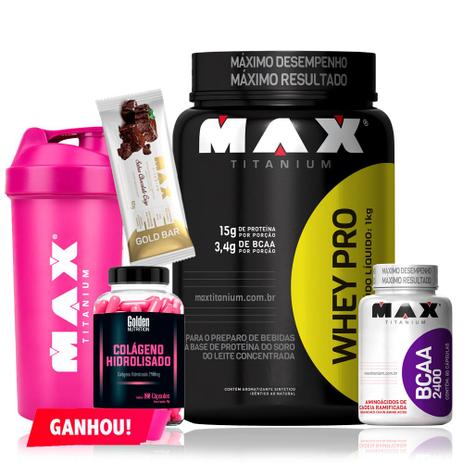 Kit Mulher - Whey Pro + Bcaa + Colágeno + Coqueteleira - Max tianium Menor preço em Kit Mulher - Whey Pro + Bcaa + Colágeno + Coqueteleira - Max tianium