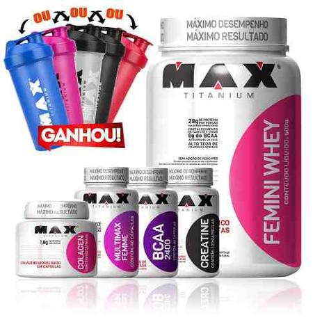 Kit Mulher Whey Protein Femini Bcaa Creatina Colageno Multim - Max titanium Menor preço em Kit Mulher Whey Protein Femini Bcaa Creatina Colageno Multim - Max titanium