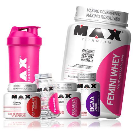 Kit Mulher Whey900g + Colageno + Bcaa + Femini Cut + Cártamo - Max titanium Menor preço em Kit Mulher Whey900g + Colageno + Bcaa + Femini Cut + Cártamo - Max titanium