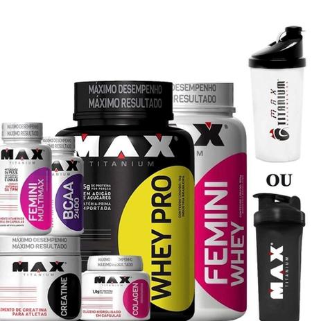 Kit Muscular Femini +whey Pro - Max Titanium Menor preço em Kit Muscular Femini +whey Pro - Max Titanium