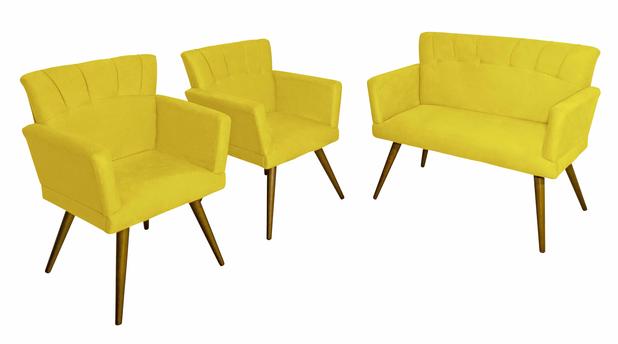 Kit Namoradeira Sofá + 02 Poltrona Decorativa Suzi Pés Palito - Sued Amarelo - Nanda decor é ruim? Kit Namoradeira Sofá + 02 Poltrona Decorativa Suzi Pés Palito - Sued Amarelo - Nanda decor é boa?