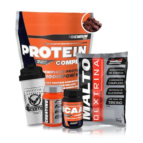 Kit New Millen - Protein Complex + Maltodextrina + Creatina + BCAA + Coqueteleira Menor preço em Kit New Millen - Protein Complex + Maltodextrina + Creatina + BCAA + Coqueteleira
