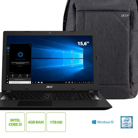 Menor preço em Kit: Notebook Acer Aspire A315-53-32U4 Intel Core i3 4GB RAM 1TB HD 15.6” HD Windows 10 + Mochila Acer