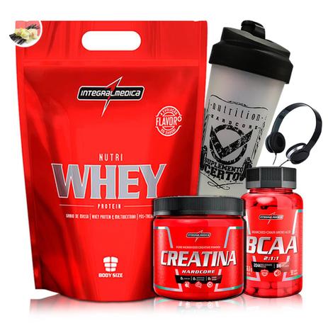 Kit Nutri Whey 1,8kg + Amino Bcaa + Creatina Hardcore + Coq + Fone - Integralmedica Menor preço em Kit Nutri Whey 1,8kg + Amino Bcaa + Creatina Hardcore + Coq + Fone - Integralmedica