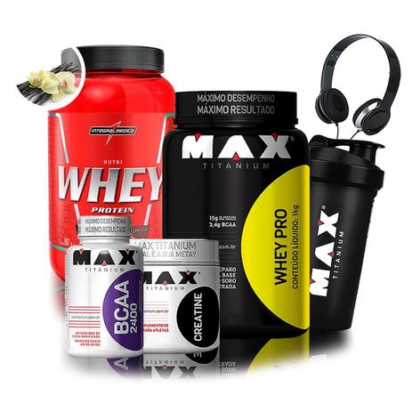 Kit Nutri Whey 900g - IntegralMedica + Whey Pro 1kg + BCAA 2400 60 Cápsulas + Creatina 100g + Coqueteleira + Fone - Max Titanium Menor preço em Kit Nutri Whey 900g - IntegralMedica + Whey Pro 1kg + BCAA 2400 60 Cápsulas + Creatina 100g + Coqueteleira + Fone - Max Titanium
