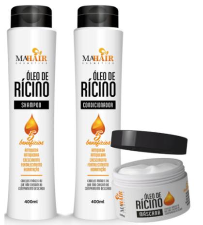 Kit óleo de rícino crescimento completo kit 3 produtos shampoo - condicionador - máscara mahair -