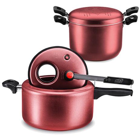 Kit Panela Pressão 7,0l Cereja e Espagueteira Cereja MTA Menor preço em Kit Panela Pressão 7,0l Cereja e Espagueteira Cereja MTA