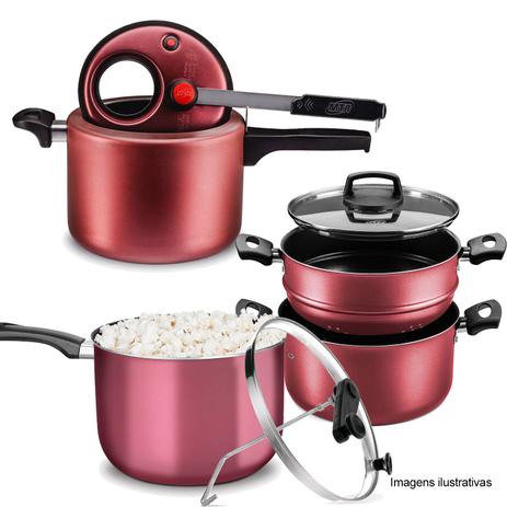 Kit Panela Pressão Cereja 4,5l, Cozivapor e Pipoqueira Cere - Mta Menor preço em Kit Panela Pressão Cereja 4,5l, Cozivapor e Pipoqueira Cere - Mta
