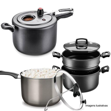 Kit Panela Pressão Cinza 10l, Cozivapor e Pipoqueira Cinza - Mta Menor preço em Kit Panela Pressão Cinza 10l, Cozivapor e Pipoqueira Cinza - Mta