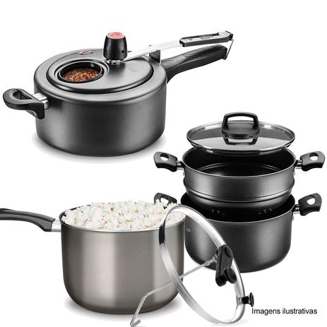 Kit Panela Pressão Cinza 3l, Cozivapor e Pipoqueira Cinza - Mta Menor preço em Kit Panela Pressão Cinza 3l, Cozivapor e Pipoqueira Cinza - Mta