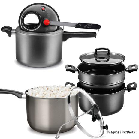Kit Panela Pressão Cinza 4,5l, Cozivapor e Pipoqueira Cinza - Mta Menor preço em Kit Panela Pressão Cinza 4,5l, Cozivapor e Pipoqueira Cinza - Mta