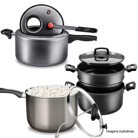 Kit Panela Pressão Cinza 7l, Cozivapor e Pipoqueira Cinza - Mta Menor preço em Kit Panela Pressão Cinza 7l, Cozivapor e Pipoqueira Cinza - Mta