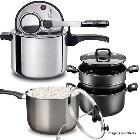 Kit Panela Pressão Polida 4,5l, Cozivapor e Pipoqueira Cinza - Mta Menor preço em Kit Panela Pressão Polida 4,5l, Cozivapor e Pipoqueira Cinza - Mta
