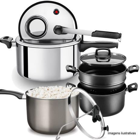 Kit Panela Pressão Polida 6l, Cozivapor e Pipoqueira Cinza - Mta Menor preço em Kit Panela Pressão Polida 6l, Cozivapor e Pipoqueira Cinza - Mta