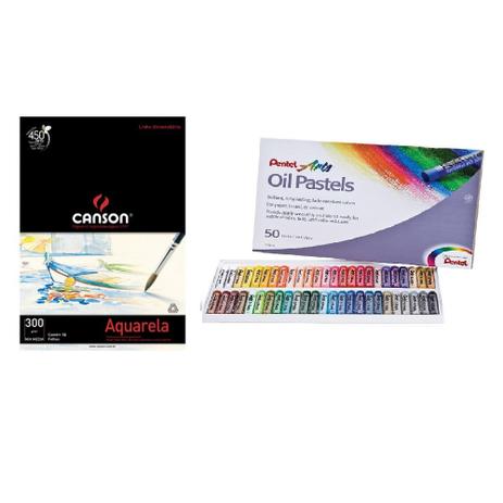 Kit papel canson aquarela e giz de cera pentel oil pastel 50 cores Menor preço em Kit papel canson aquarela e giz de cera pentel oil pastel 50 cores