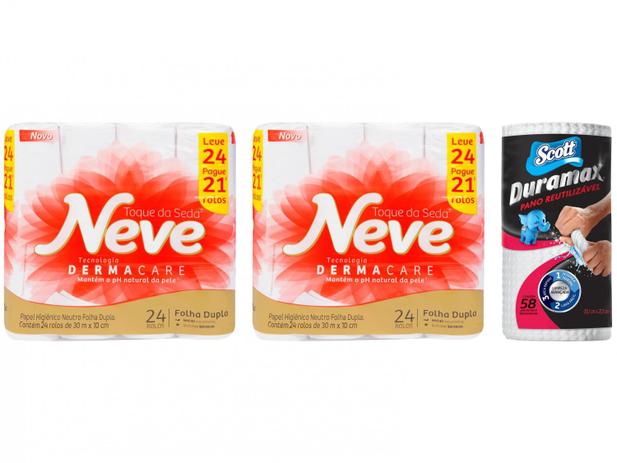 Kit Papel Higiênico Folha Dupla Neve Toque de Seda - 48 Rolos 30m + Pano de Limpeza Scott Duramax 58 Un Menor preço em Kit Papel Higiênico Folha Dupla Neve Toque de Seda - 48 Rolos 30m + Pano de Limpeza Scott Duramax 58 Un